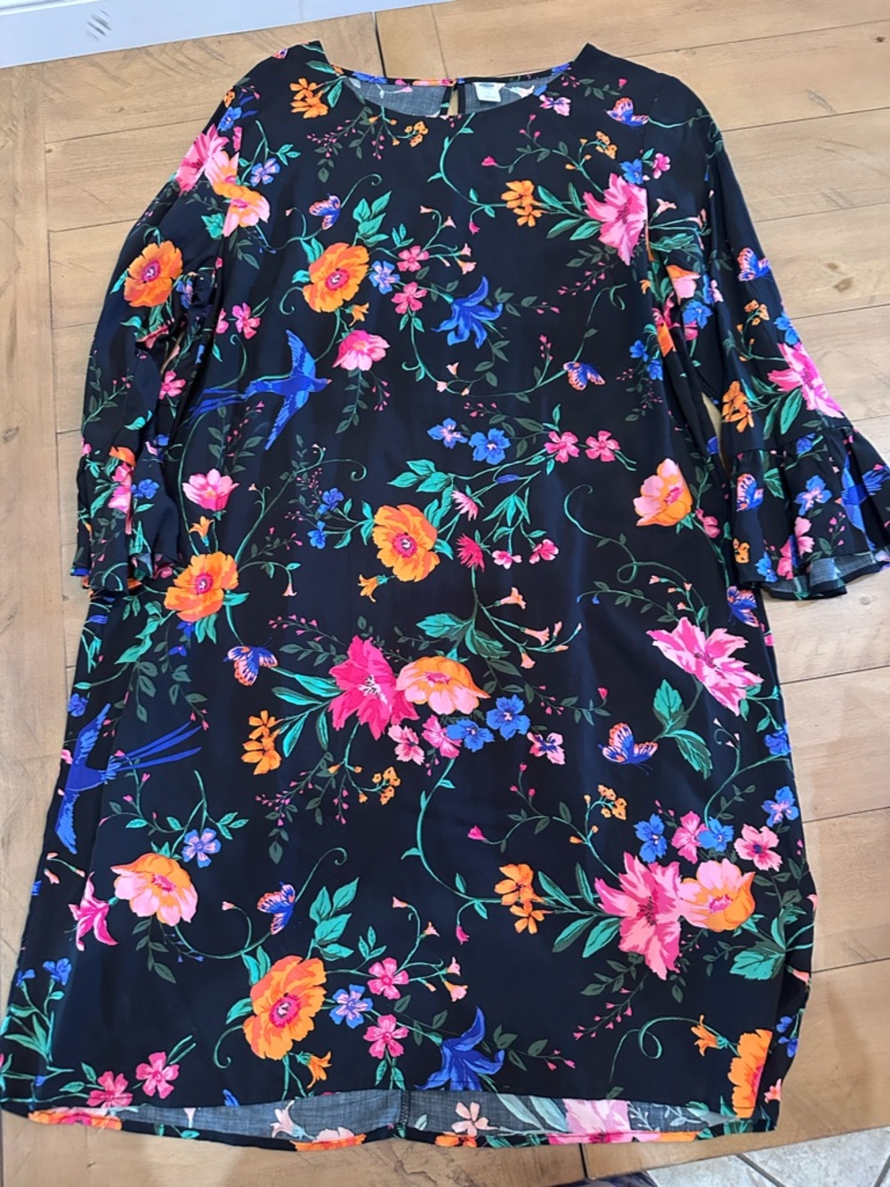 Old Navy Black Floral Shift Dress with Bright Pink & Orange Blooms